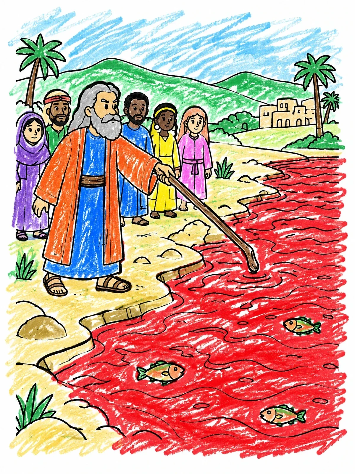 Colored example of the Moses Touching The River With His Staff coloring page