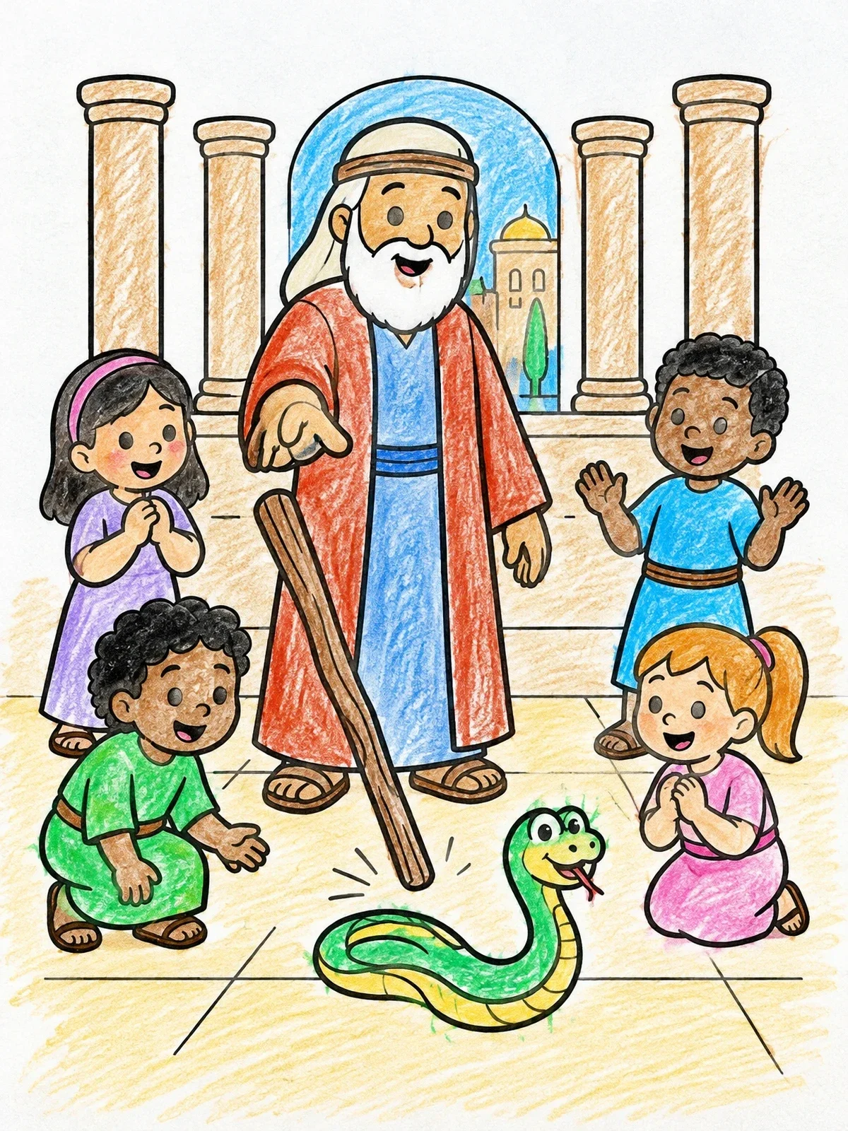 Colored example of the Moses And The Staff Turning Into A Snake coloring page