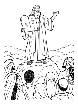 Moses holding the stone tablets before the crowd in this detailed moses coloring page.