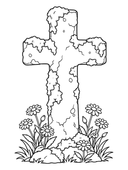 A weathered stone cross coloring page surrounded by blooming daisies and moss patches.