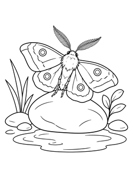 A detailed moth coloring page featuring a moth resting on a river pebble by a pond.