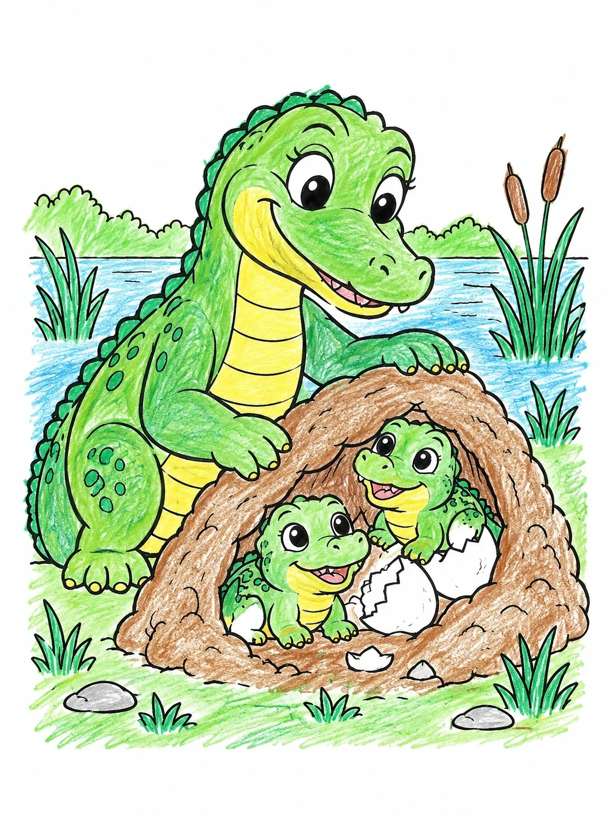Colored example of the Mother Alligator With Hatching Babies coloring page