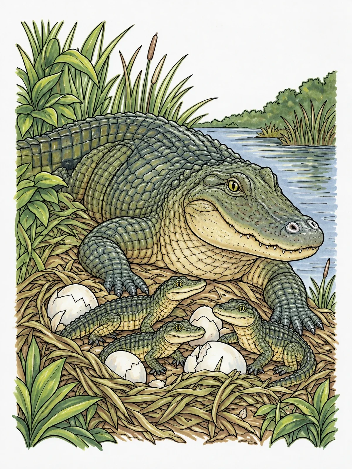 Colored example of the Mother Alligator With Hatchlings At Nest coloring page