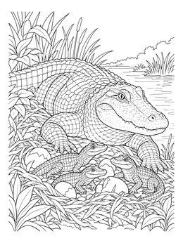 A mother reptile protects her hatchlings in this alligator coloring page set in a lush swamp.