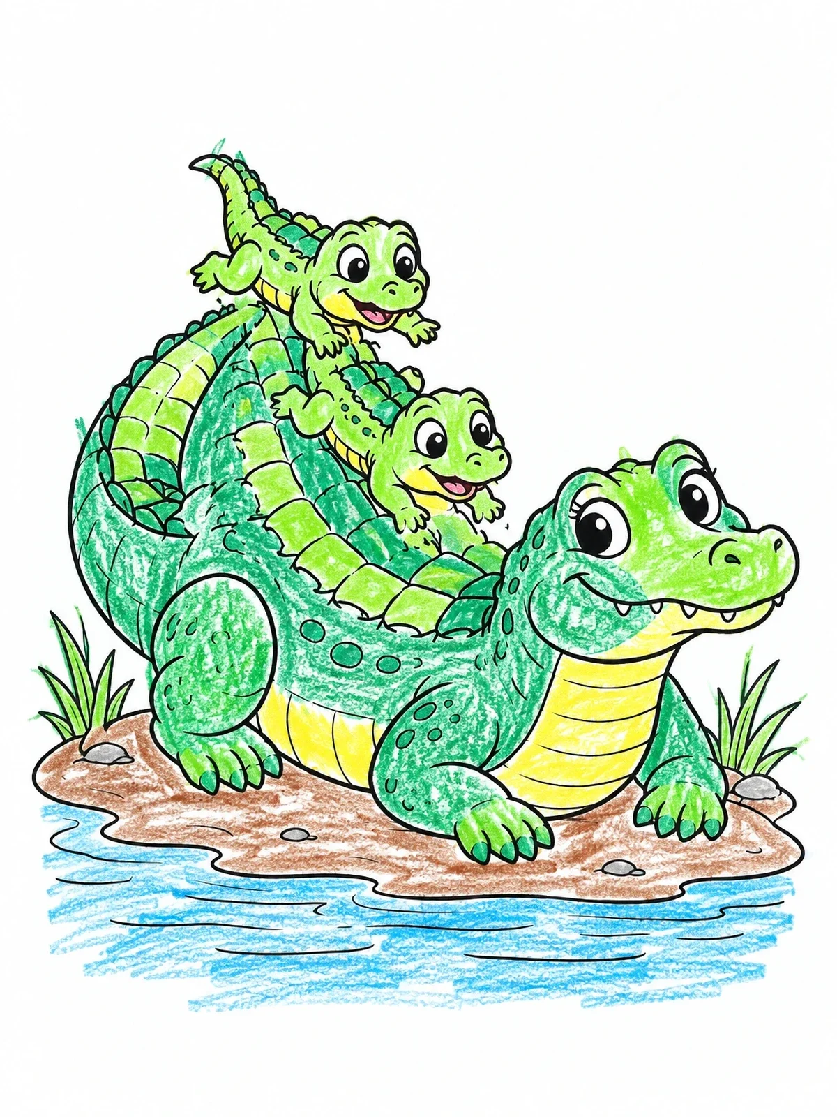 Colored example of the Mother Alligator With Playful Babies coloring page