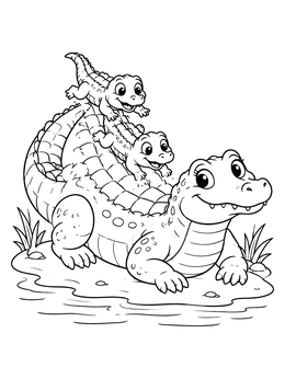 A friendly mother crocodile and her babies on this sweet alligator coloring page.