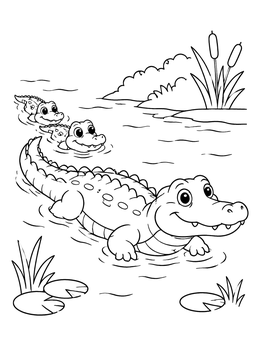 A cheerful alligator coloring page featuring a mother leading her two little hatchlings through a river.