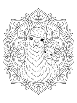 Mother and baby alpaca coloring page framed by an ornate floral mandala.