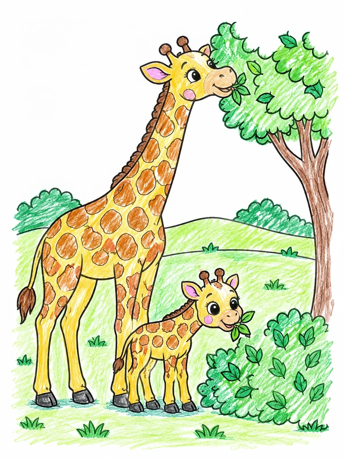 Colored example of the Mother And Baby Giraffe Grazing coloring page