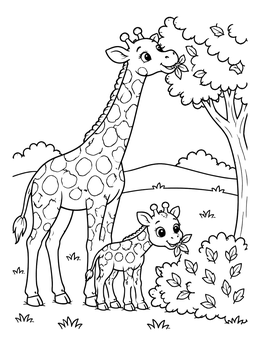 A cute mother and baby giraffe coloring page grazing on leaves in the savannah.