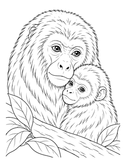 A detailed howler monkey coloring page showing a mother nestled close to her baby.