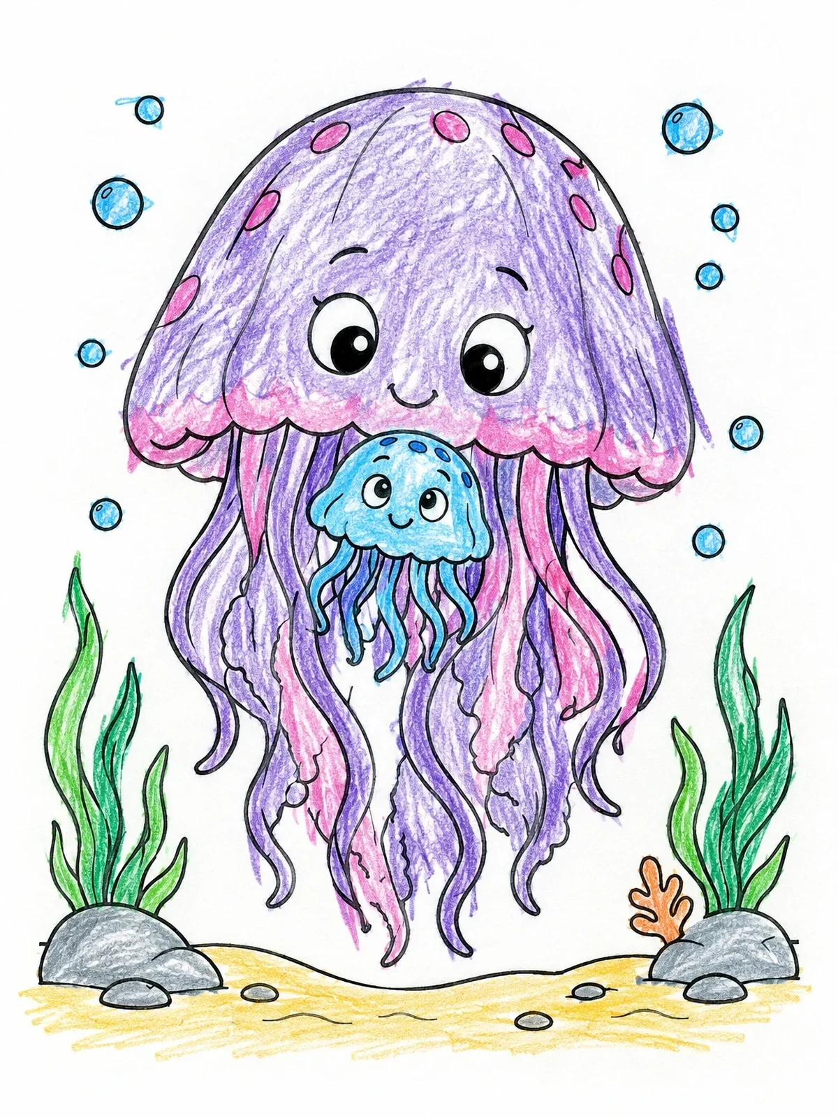 Colored example of the Mother And Baby Jellyfish Swimming Together coloring page
