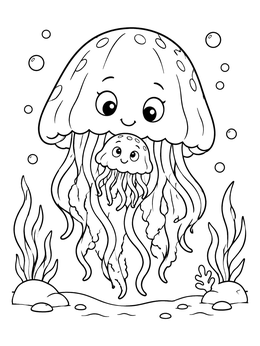 A sweet jellyfish coloring page featuring a mother jellyfish smiling down at her baby.