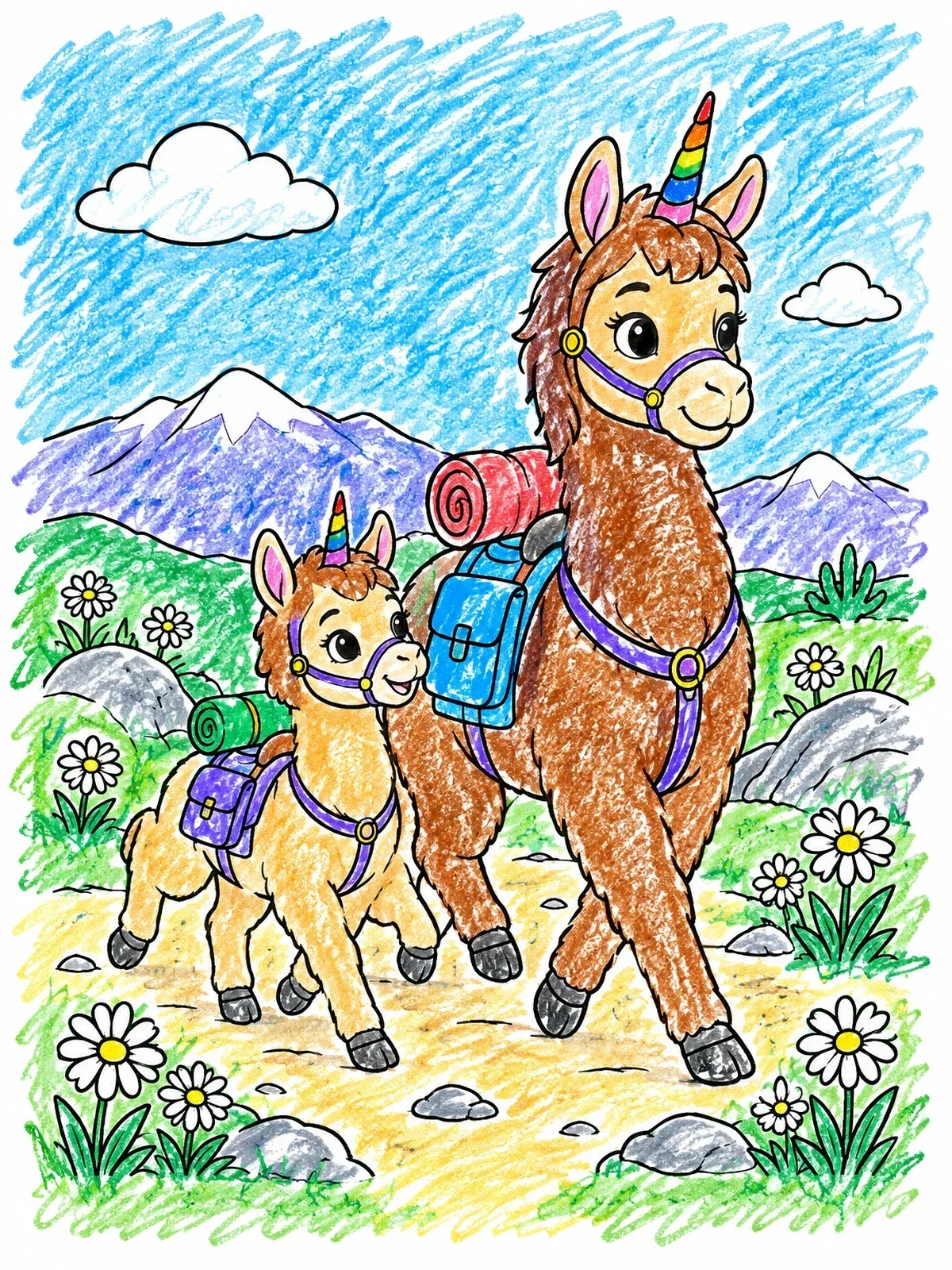 Colored example of the Llamacorn Mother And Baby Hiking coloring page