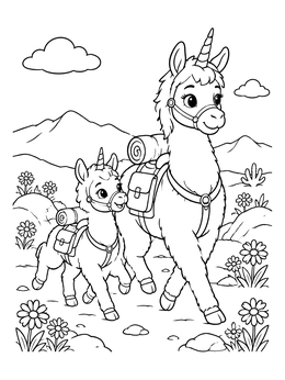Free printable Llamacorn Mother And Baby Hiking coloring page