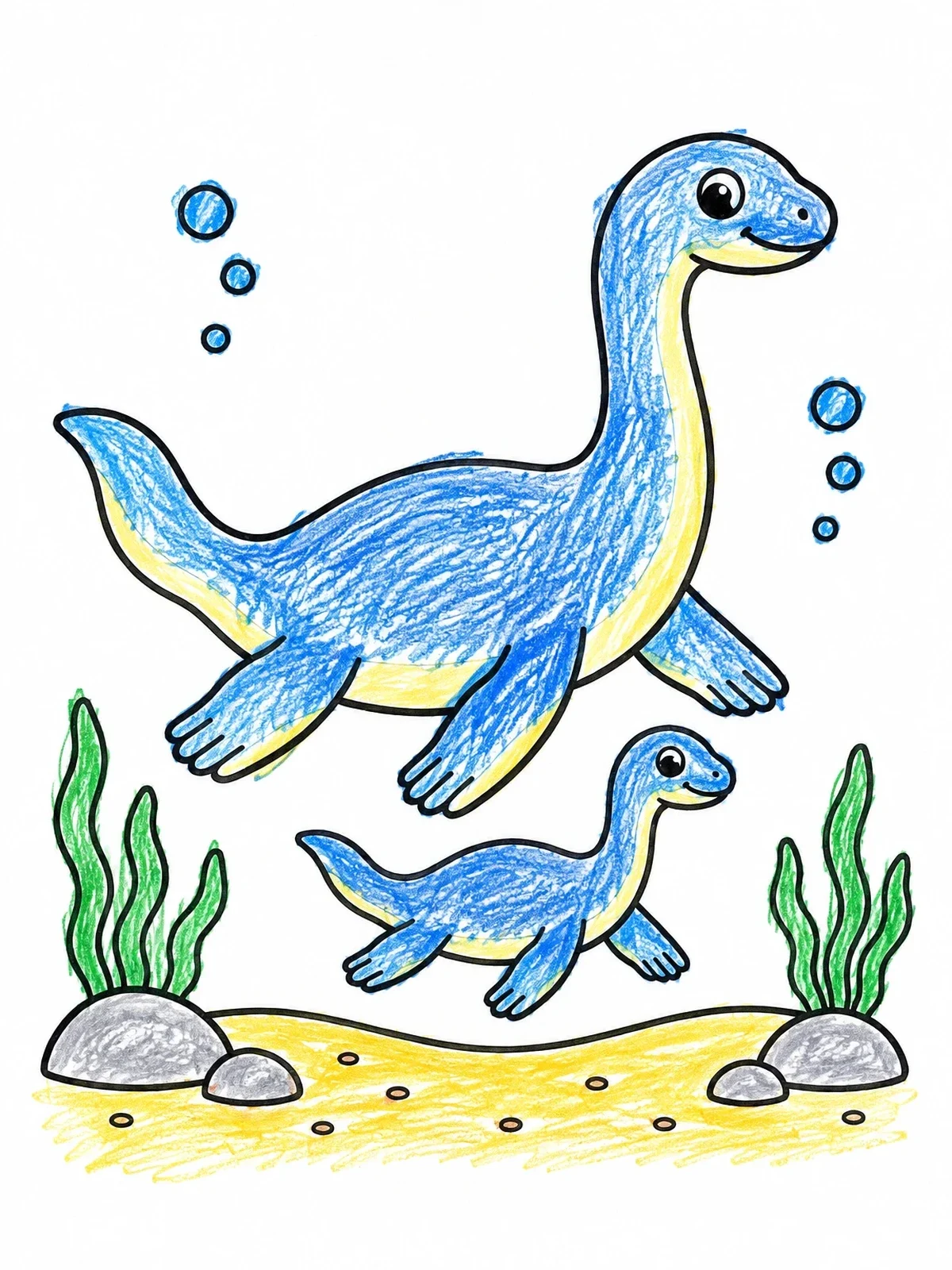 Colored example of the Mother And Baby Loch Ness Monster coloring page