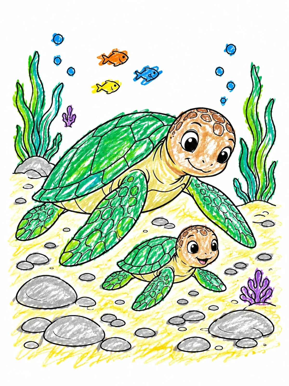 Colored example of the Mother And Baby Sea Turtle Swimming coloring page