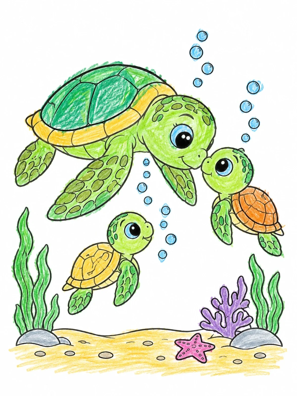 Colored example of the Mother And Baby Sea Turtles Swimming Together coloring page
