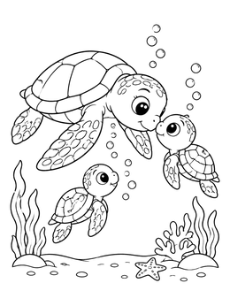 A cute mother and baby sea turtle coloring page underwater with bubbles.