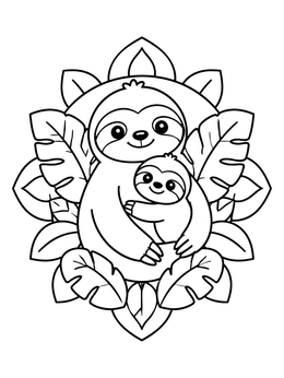 A sweet mother sloth hugs her baby on this sloth coloring page surrounded by jungle foliage.