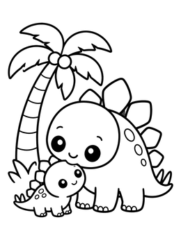 Free printable Mother And Baby Stegosaurus Under Palm Tree coloring page