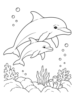 A mother and calf in a dolphin coloring page swimming above a coral reef.