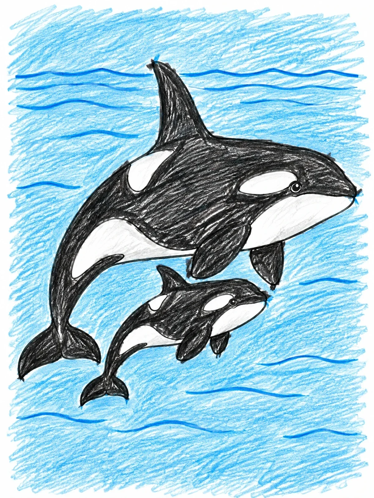 Colored example of the Mother And Calf Killer Whales coloring page