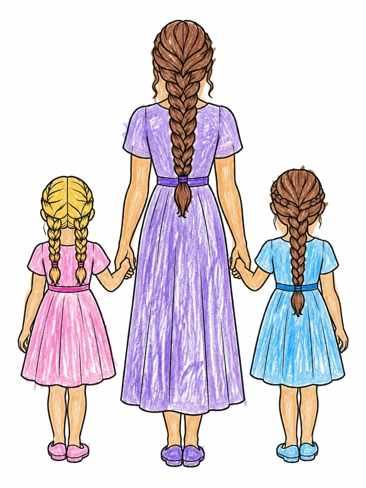Colored example of the Mother And Sisters With Braided Hair coloring page