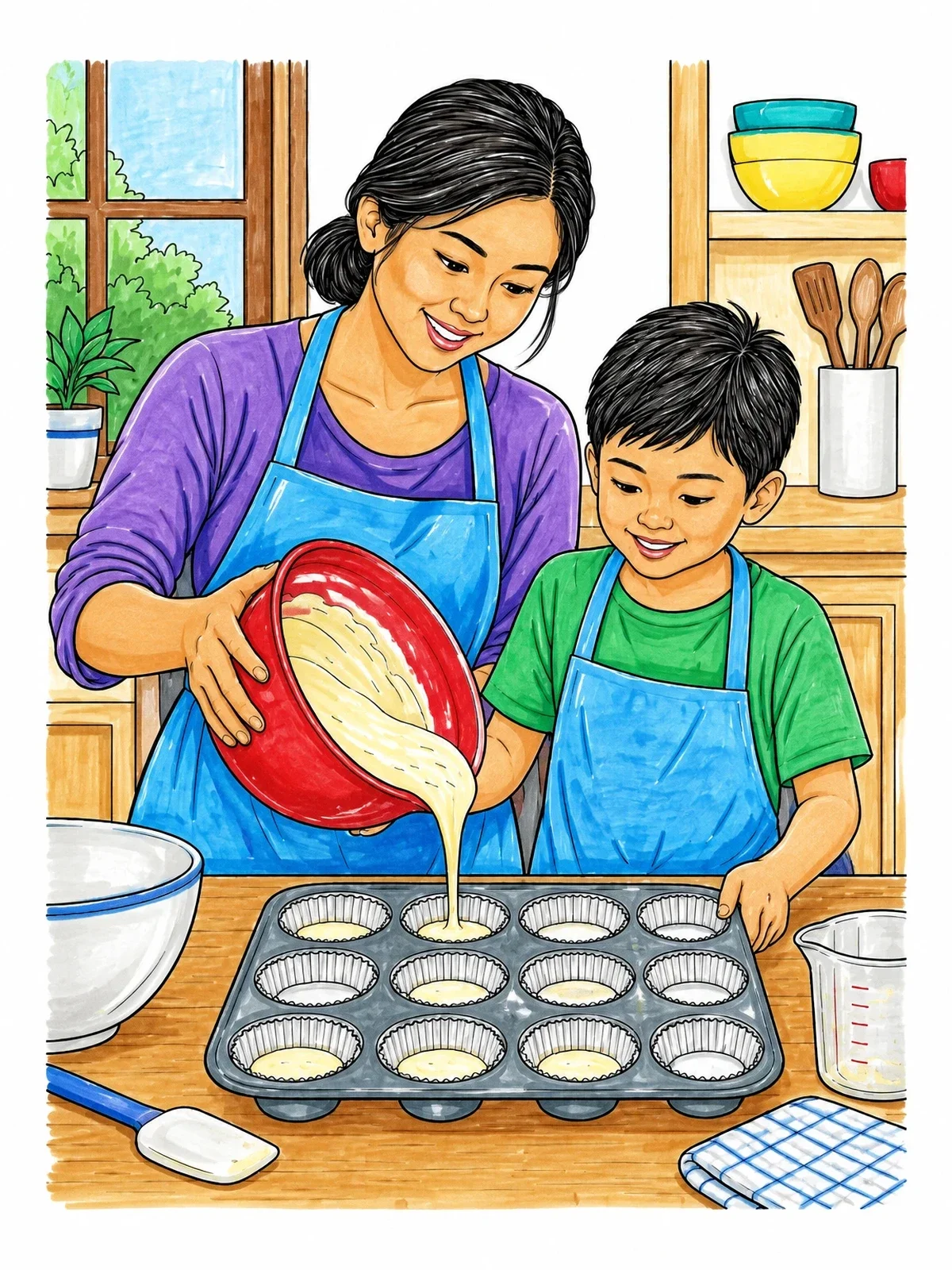 Colored example of the Mother And Son Baking Muffins coloring page