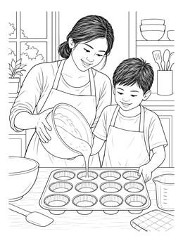 Free printable Mother And Son Baking Muffins coloring page