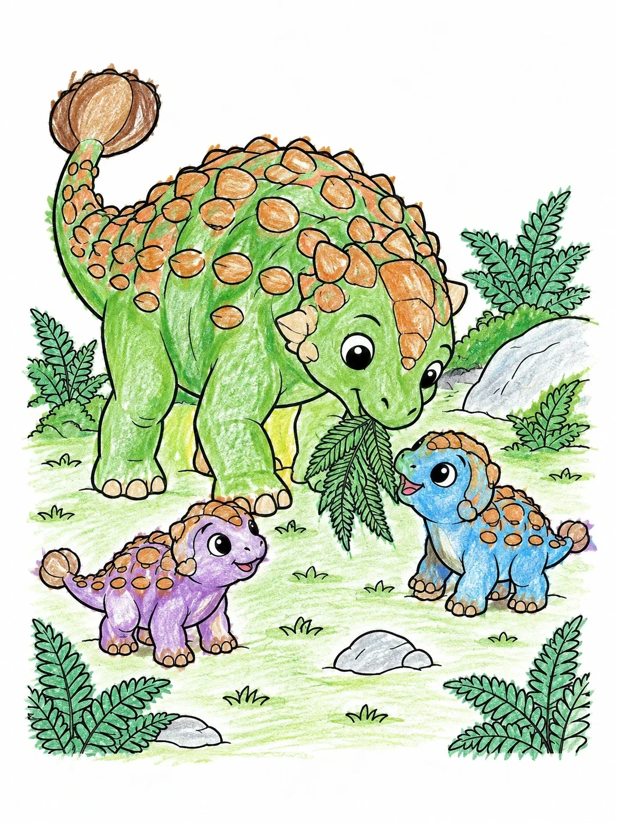 Colored example of the Mother Ankylosaurus Feeding Her Babies coloring page