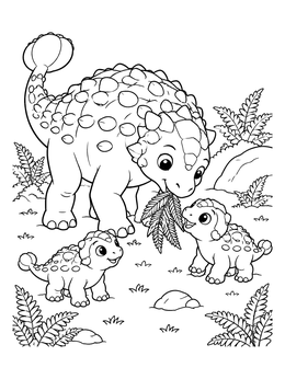 Cute ankylosaurus coloring page with a mother dinosaur sharing fern leaves with two babies.