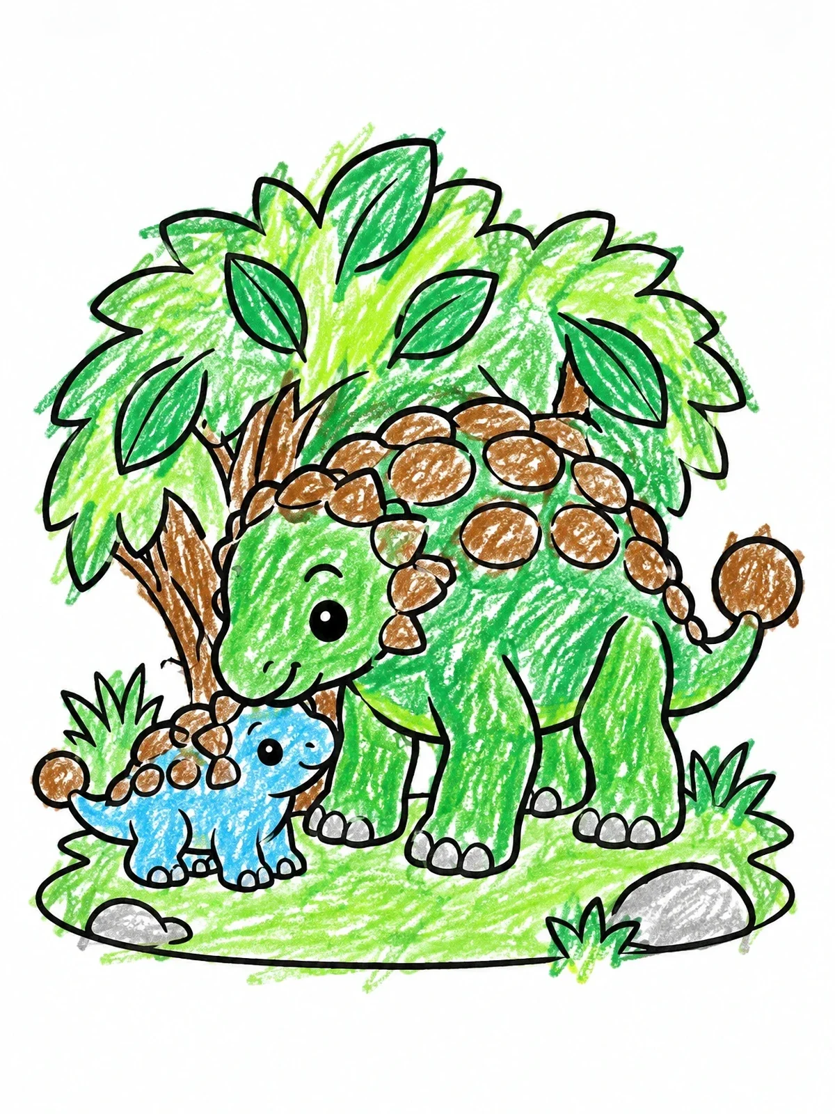 Colored example of the Mother Ankylosaurus With Cute Baby coloring page