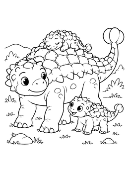 A friendly mother ankylosaurus coloring page with one baby riding on her back and another standing beside her.