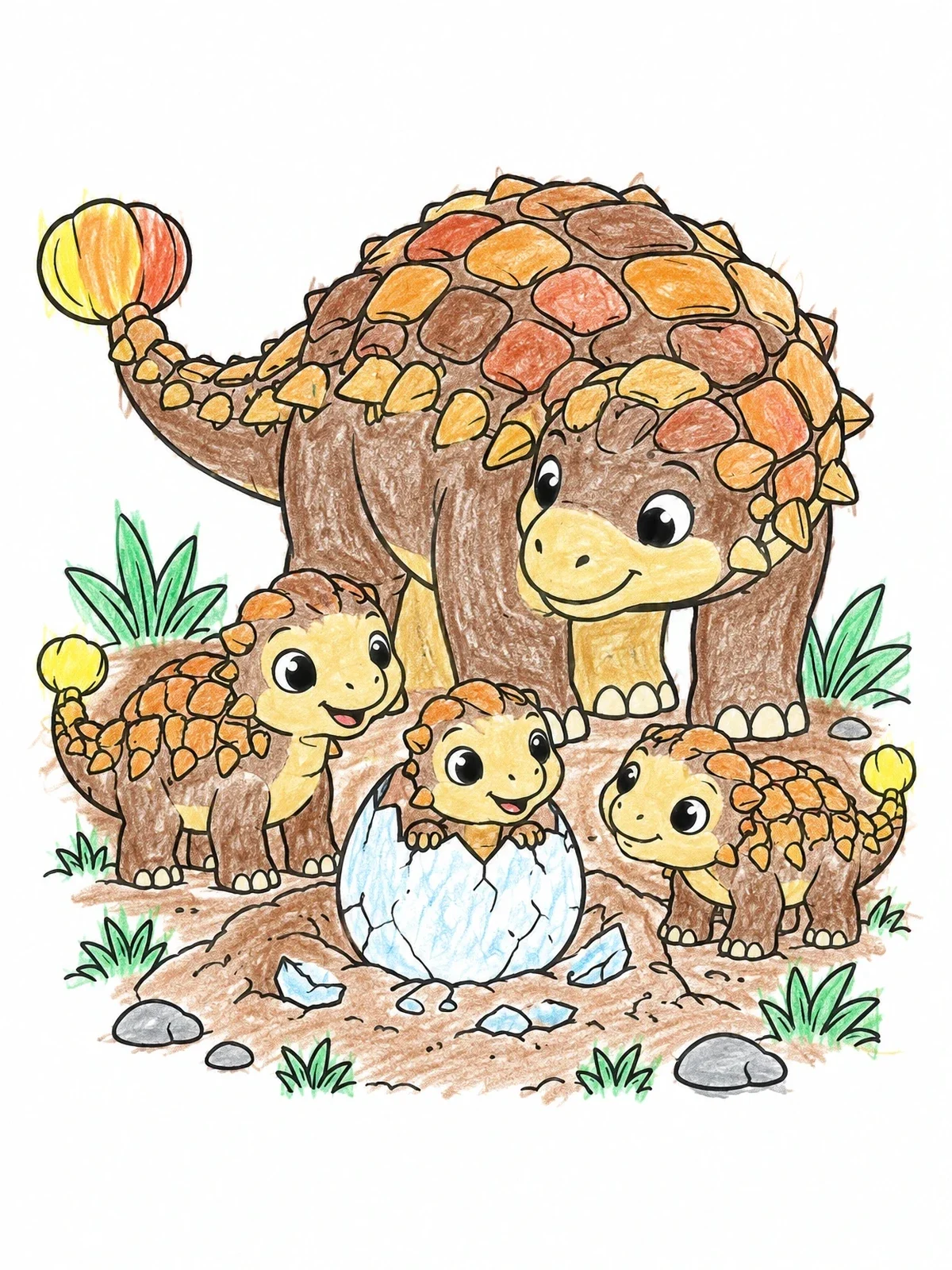 Colored example of the Mother Ankylosaurus With Hatching Babies coloring page