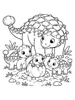 A sweet ankylosaurus coloring page with a mother dinosaur watching her babies hatch.