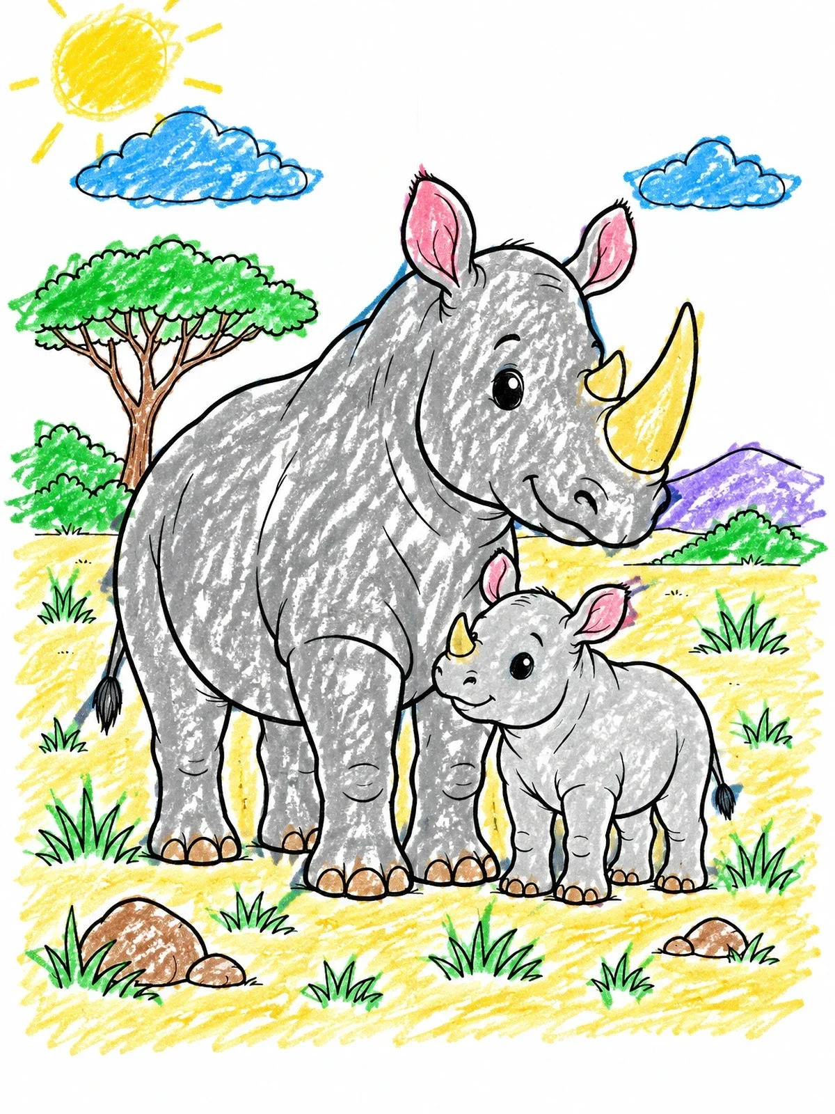 Colored example of the Mother And Baby Rhinoceros In Savanna coloring page