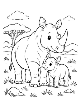 Free printable Mother And Baby Rhinoceros In Savanna coloring page