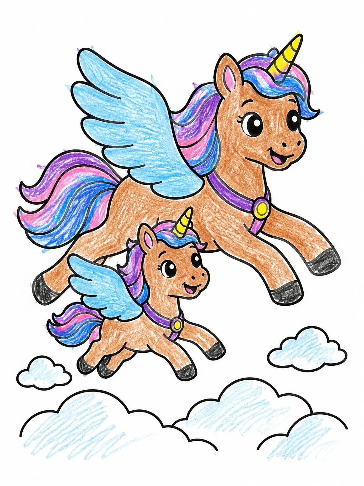 Colored example of the Mother And Baby Winged Unicorns coloring page