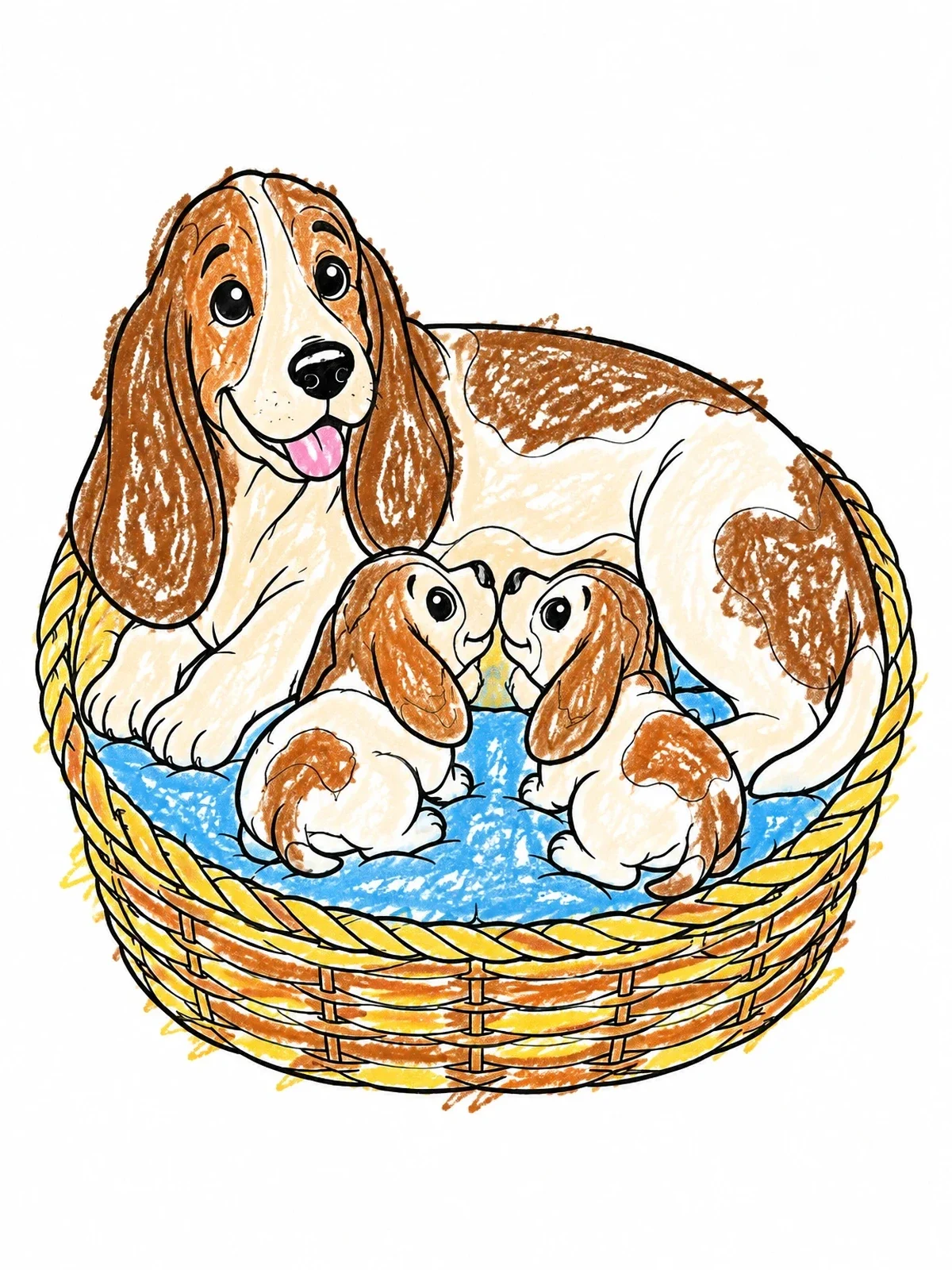 Colored example of the Mother Basset Hound With Puppies In Basket coloring page