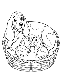 Free printable Mother Basset Hound With Puppies In Basket coloring page