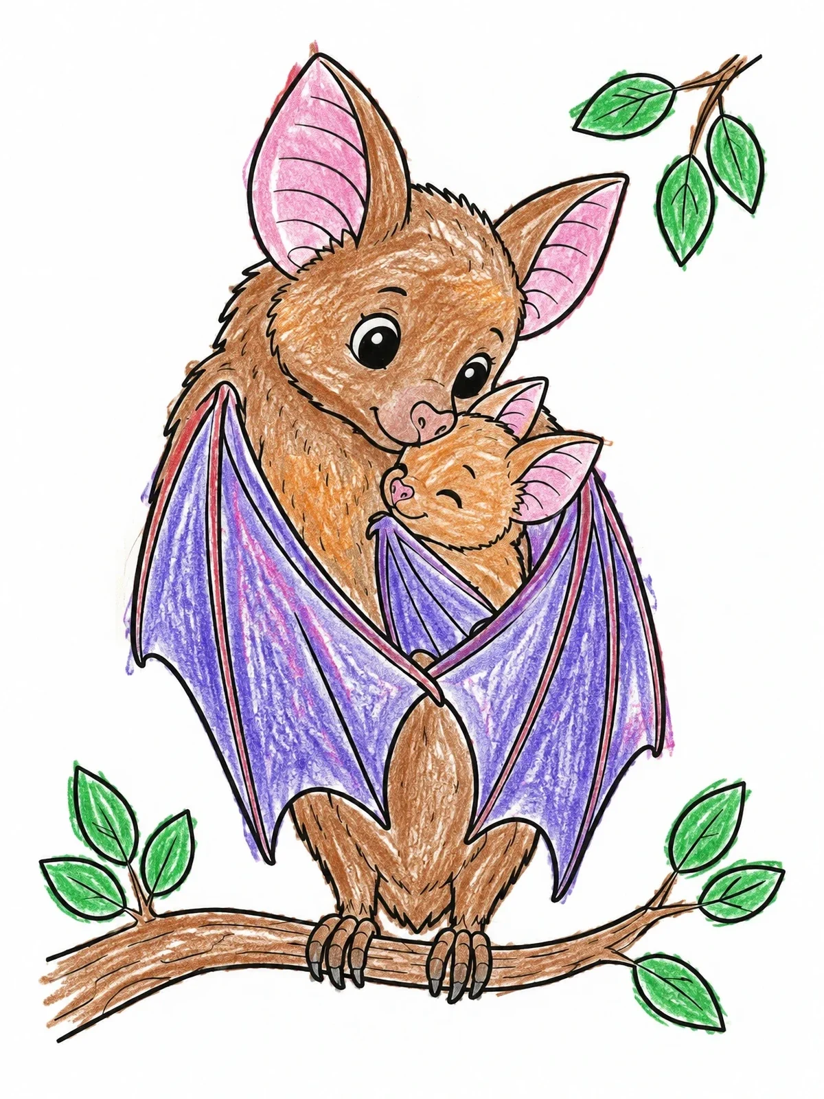 Colored example of the Mother Bat Cuddling Her Pup coloring page