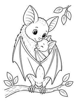 A sweet mother and baby on this bat coloring page perched on a tree branch.