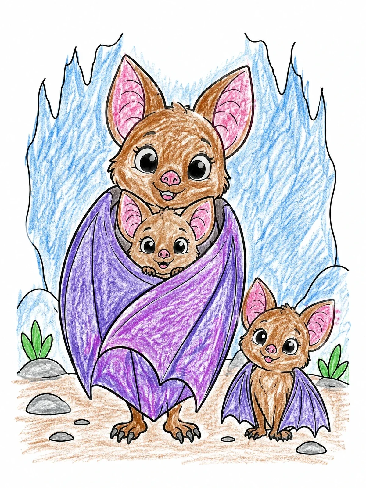 Colored example of the Mother Bat Cuddling Her Pups coloring page