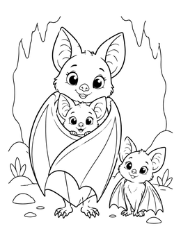 A cute mother bat cuddling her pups inside a cave on this bat coloring page.