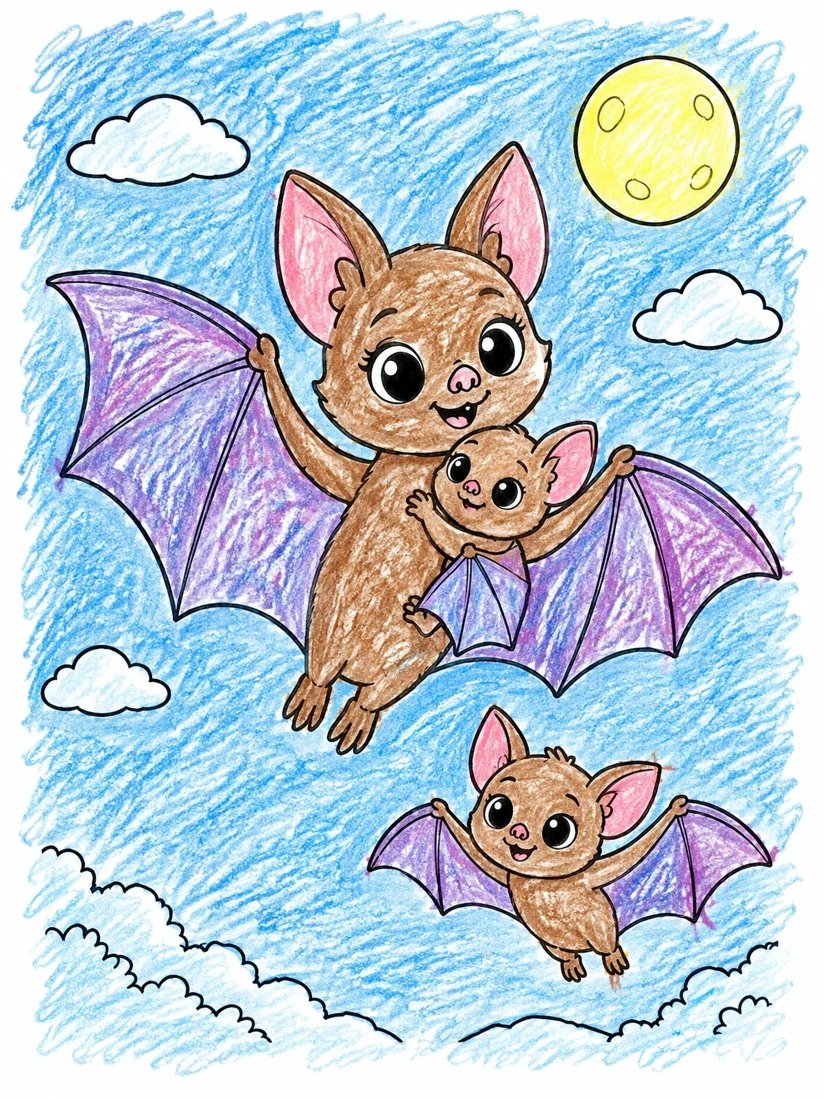 Colored example of the Mother Bat Flying With Baby Pups coloring page