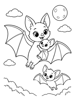 A cute mother bat and two pups in the night sky on this bat coloring page.