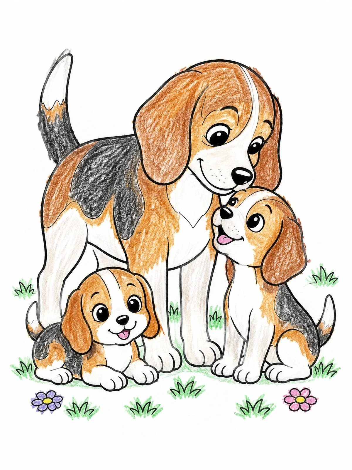 Colored example of the Mother Beagle With Playful Puppies coloring page