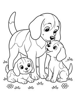 Free printable Mother Beagle With Playful Puppies coloring page