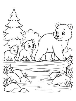 A friendly mother bear leading two small cubs across a log over a stream in this bear coloring page.